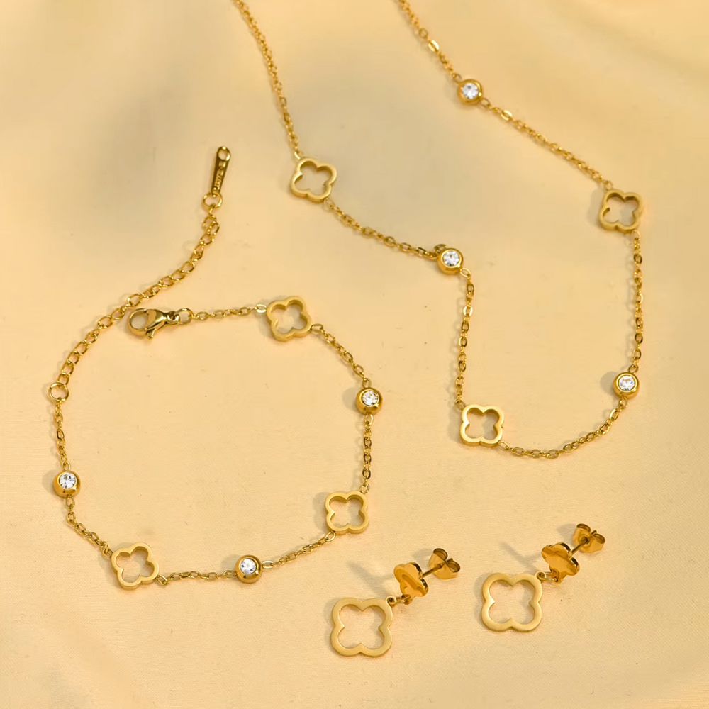 Clover Set of Necklace, Bracelet and Earrings - Stainless Steel