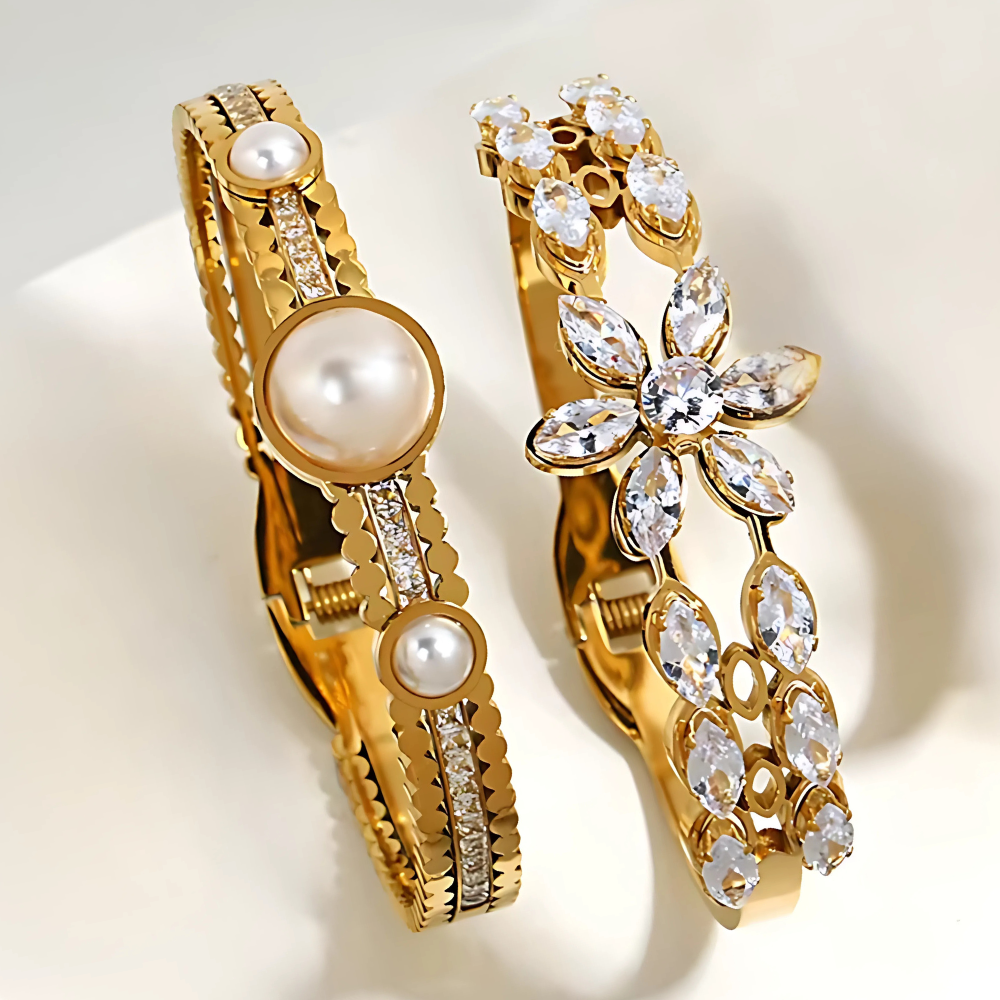Flower Glam Bangle Bracelet - Stainless Steel